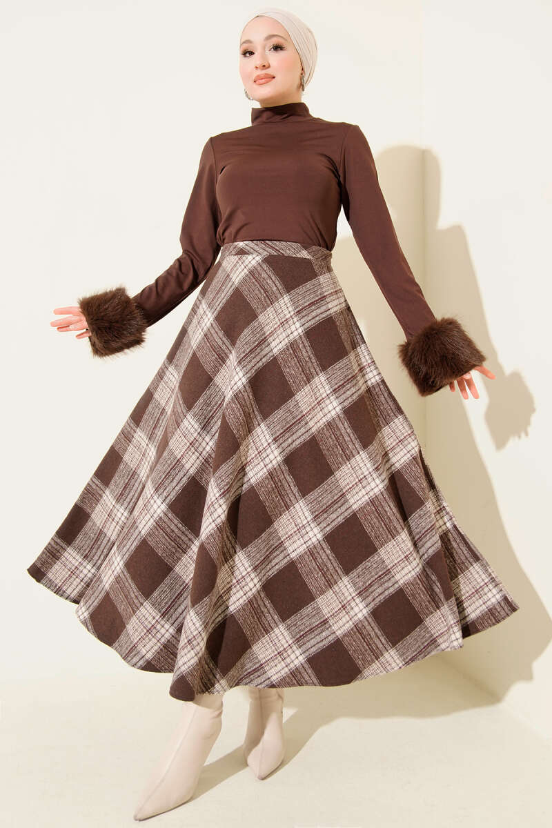 Plaid Flared Wool Skirt Brown - الصورة 2