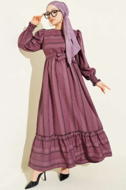 Gathered Hem Edge Striped Dress Purple