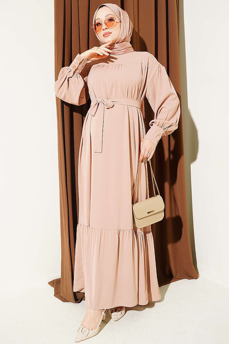 Gathered Hem Edge Midi Dress Beige