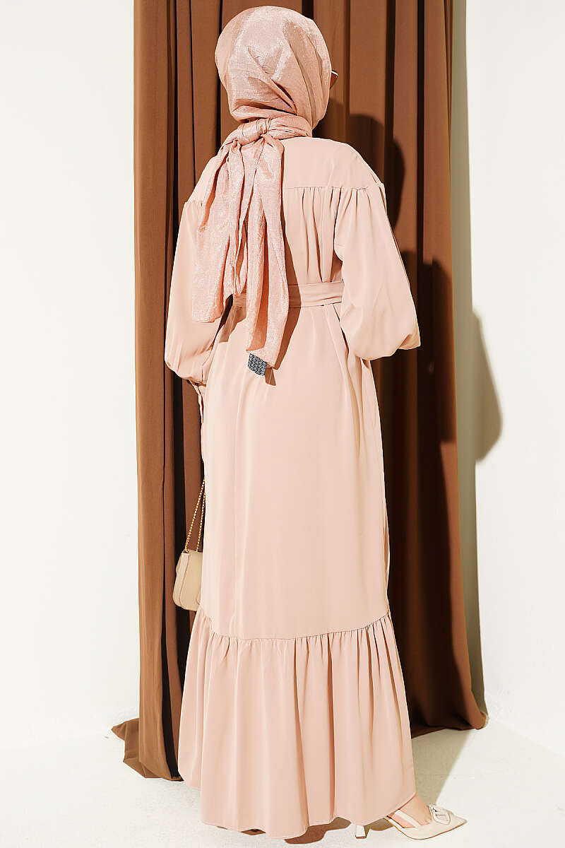 Gathered Hem Edge Midi Dress Beige – Image 3