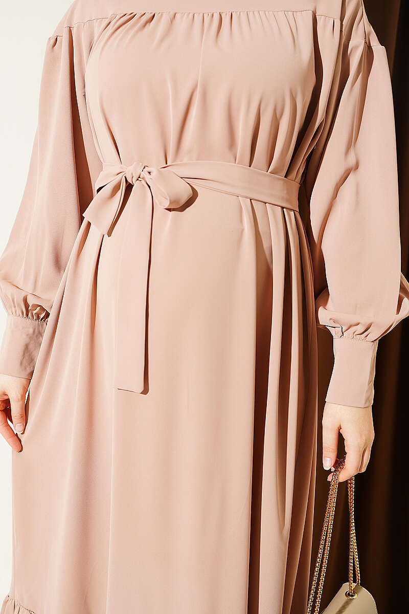 Gathered Hem Edge Midi Dress Beige – Image 4