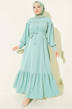 Gathered Hem Edge Midi Dress Aqua Green