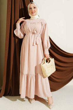 Gathered Hem Edge Midi Dress Stone
