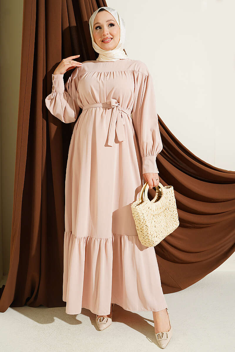 Gathered Hem Edge Midi Dress Stone