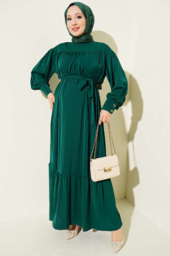 Gathered Hem Edge Midi Dress Emerald