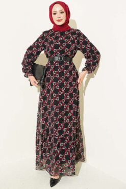 Gathered Hem Edge Patterned Chiffon Dress Burgundy