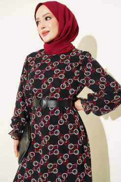 Alternative view of Gathered Hem Edge Patterned Chiffon Dress Burgundy