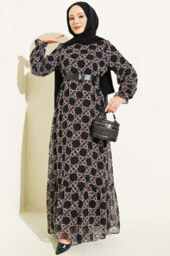 Gathered Hem Edge Patterned Chiffon Dress Rose Dust