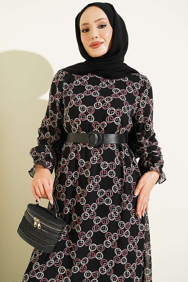 Gathered Hem Edge Patterned Chiffon Dress Rose Dust - الصورة 2