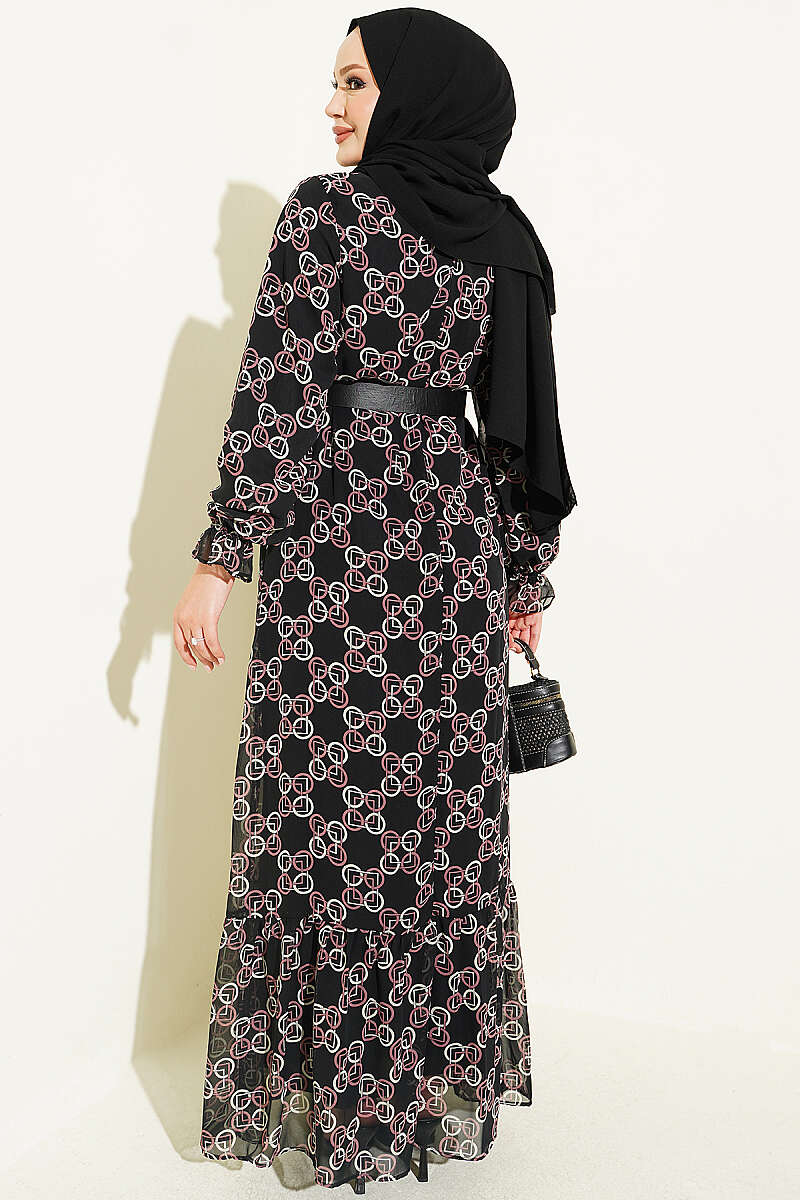 Gathered Hem Edge Patterned Chiffon Dress Rose Dust - الصورة 3