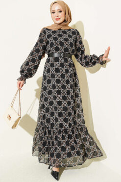 Gathered Hem Edge Patterned Chiffon Dress Mink