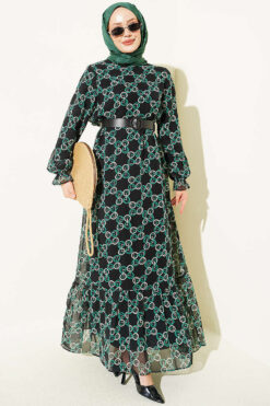 Gathered Hem Edge Patterned Chiffon Dress Green