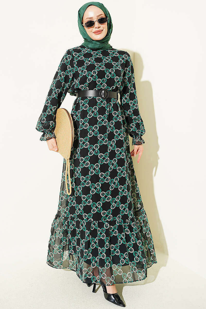 Gathered Hem Edge Patterned Chiffon Dress Green
