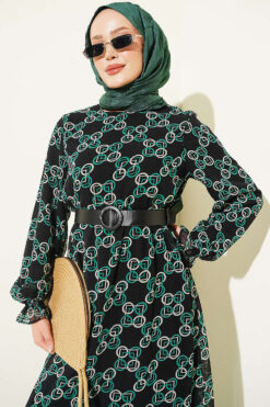 Alternative view of Gathered Hem Edge Patterned Chiffon Dress Green
