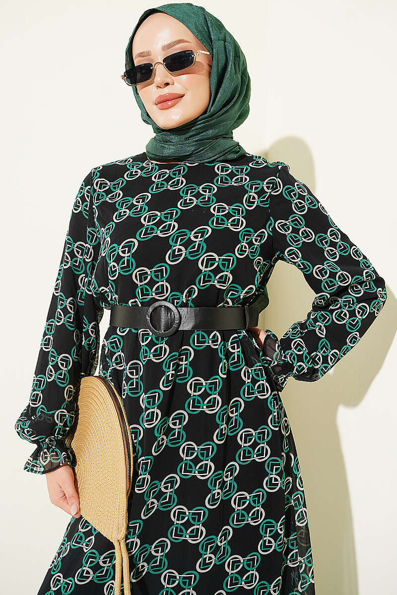 Gathered Hem Edge Patterned Chiffon Dress Green – Bild 2