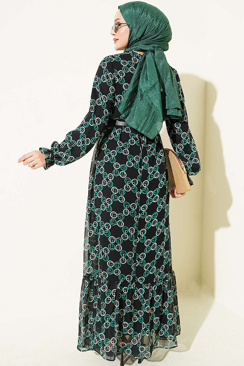 Gathered Hem Edge Patterned Chiffon Dress Green – Bild 3