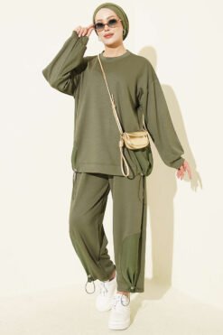 Hemmed edge detail French terry two-piece set Khaki