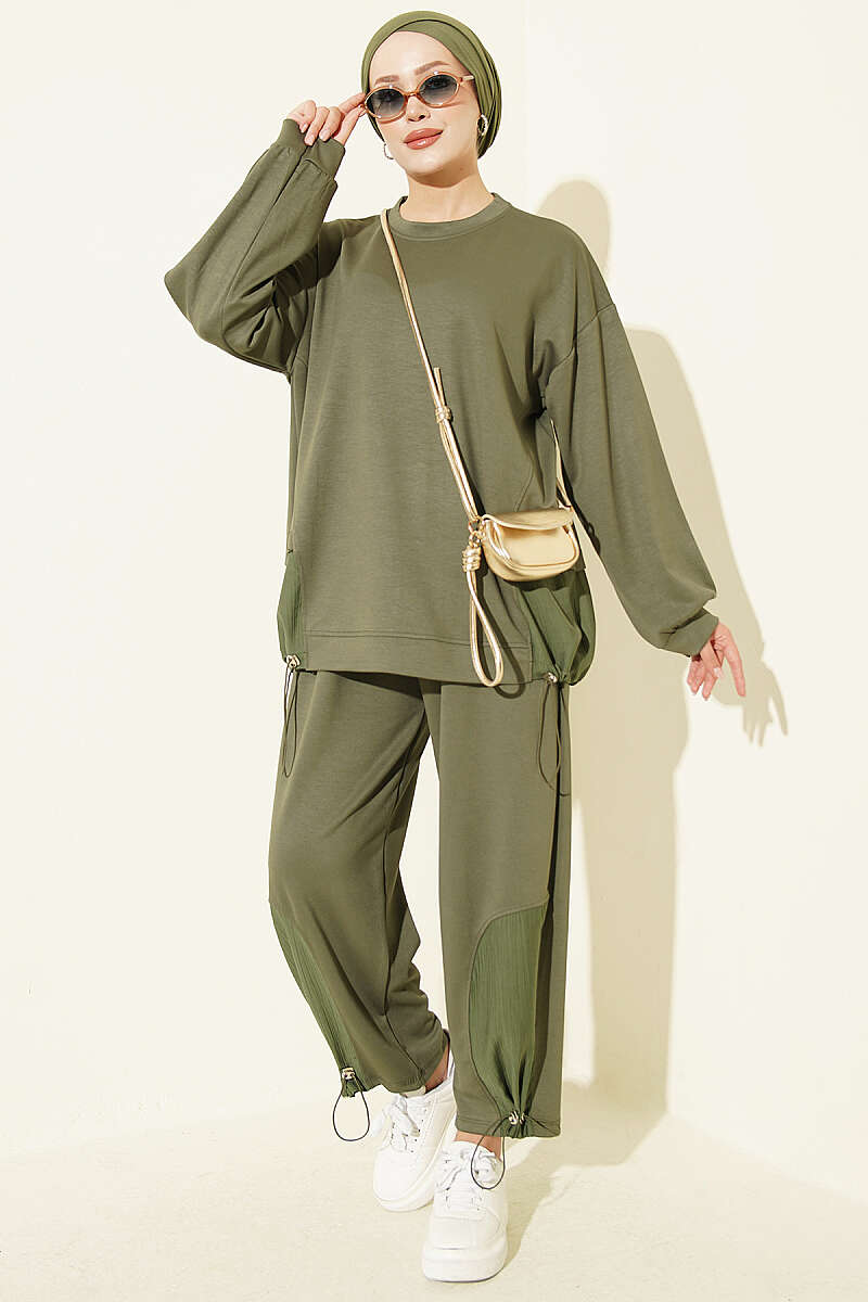 Hemmed edge detail French terry two-piece set Khaki