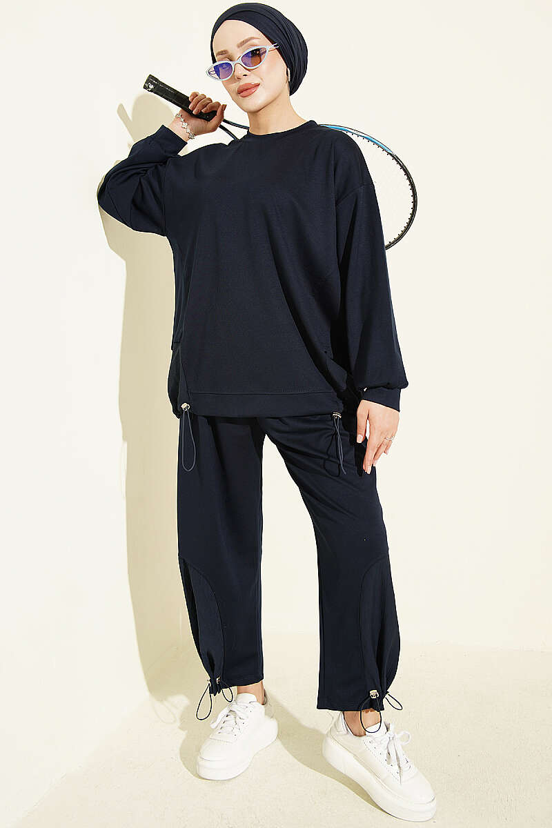 Hemmed edge detail French terry two-piece set Navy Blue