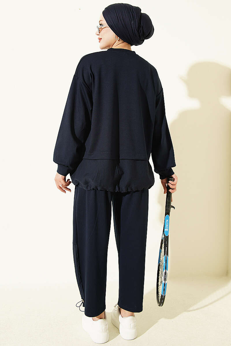 Hemmed edge detail French terry two-piece set Navy Blue – Image 3