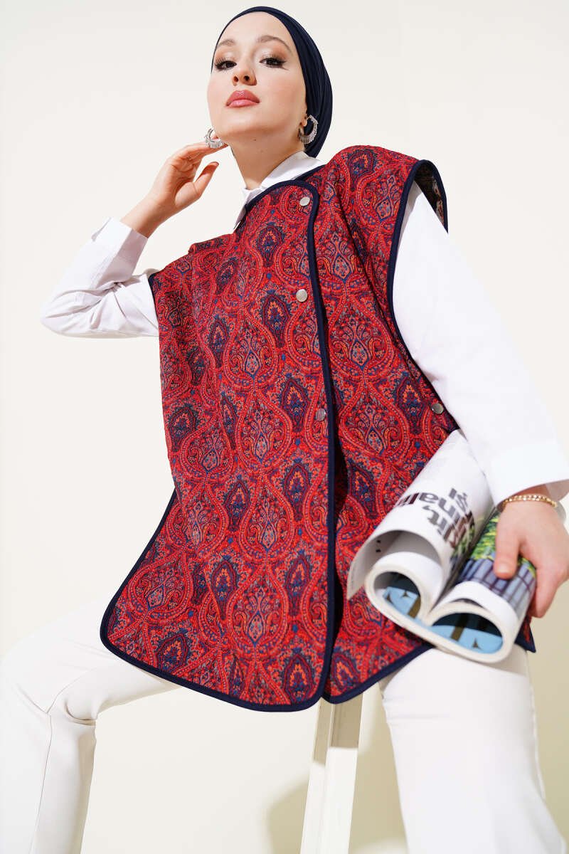 Ethnic Pattern Button-Closure Sweater Burgundy