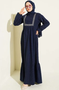Ethnic Pattern Embroidered Knit Dress Navy Blue