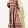 Ethnic Patterned Smocked Dress Burgundy