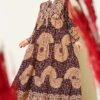 Patterned Design Mandarin Collar Dress Burgundy