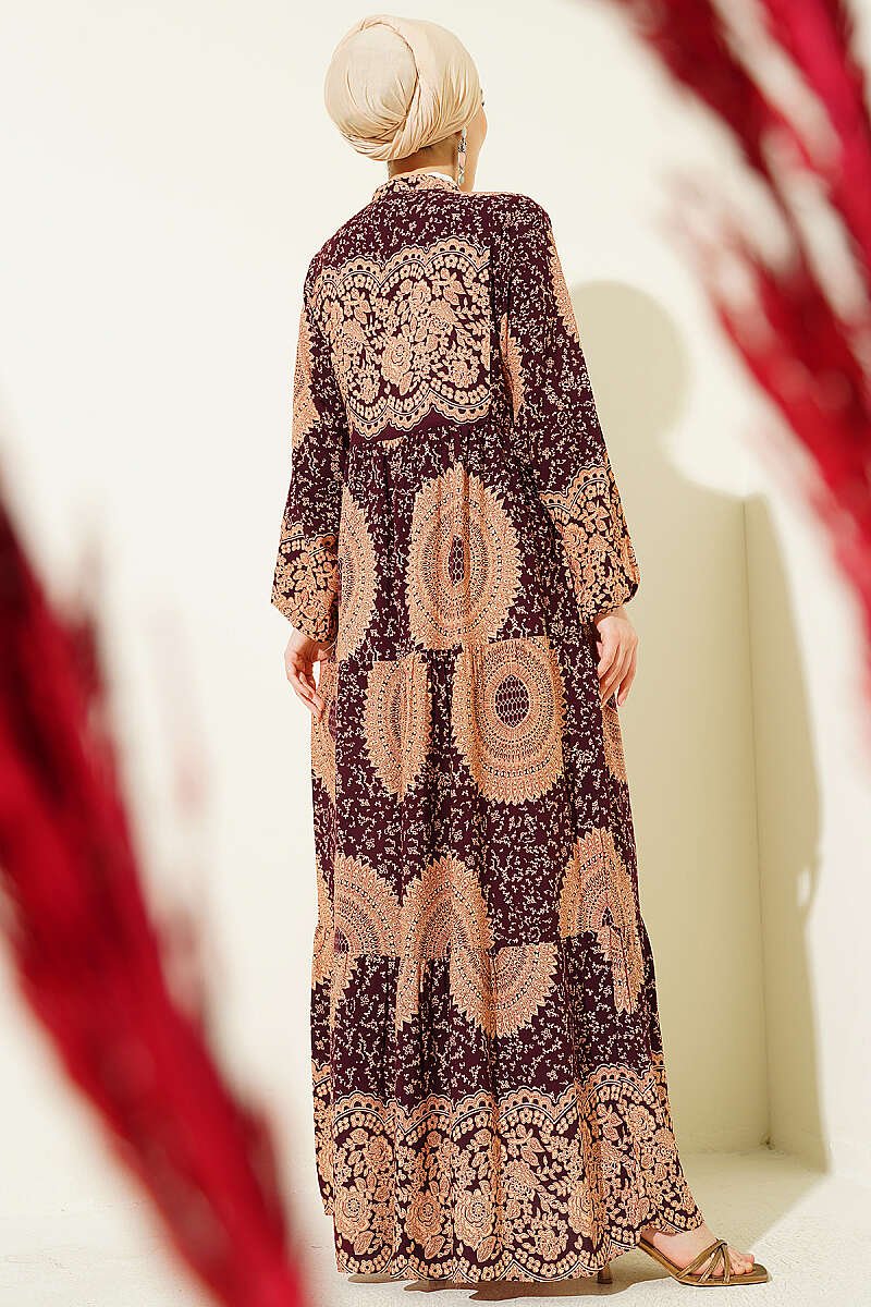 Patterned Design Mandarin Collar Dress Burgundy – Image 3