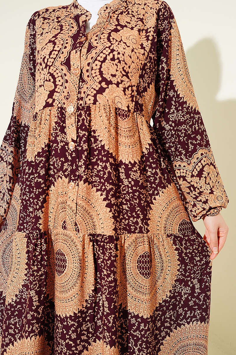 Patterned Design Mandarin Collar Dress Burgundy – Image 4