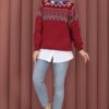 Oversized Knit Sweater with Ethnic Pattern Red