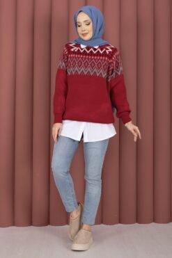 Oversized Knit Sweater with Ethnic Pattern Red