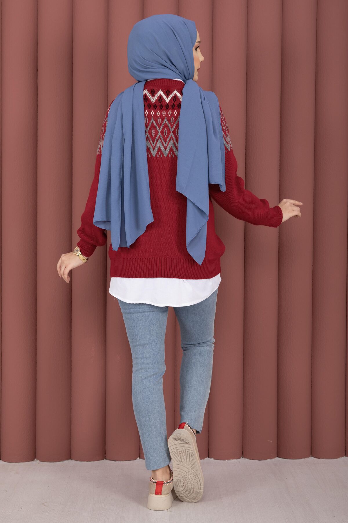 Oversized Knit Sweater with Ethnic Pattern Red - immagine 5