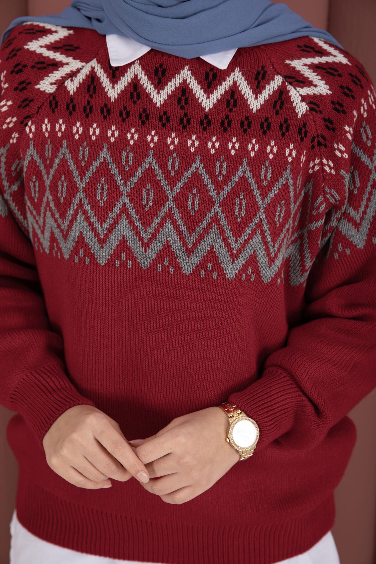 Oversized Knit Sweater with Ethnic Pattern Red - immagine 4