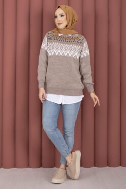 Oversized Knit Sweater with Ethnic Pattern Mink
