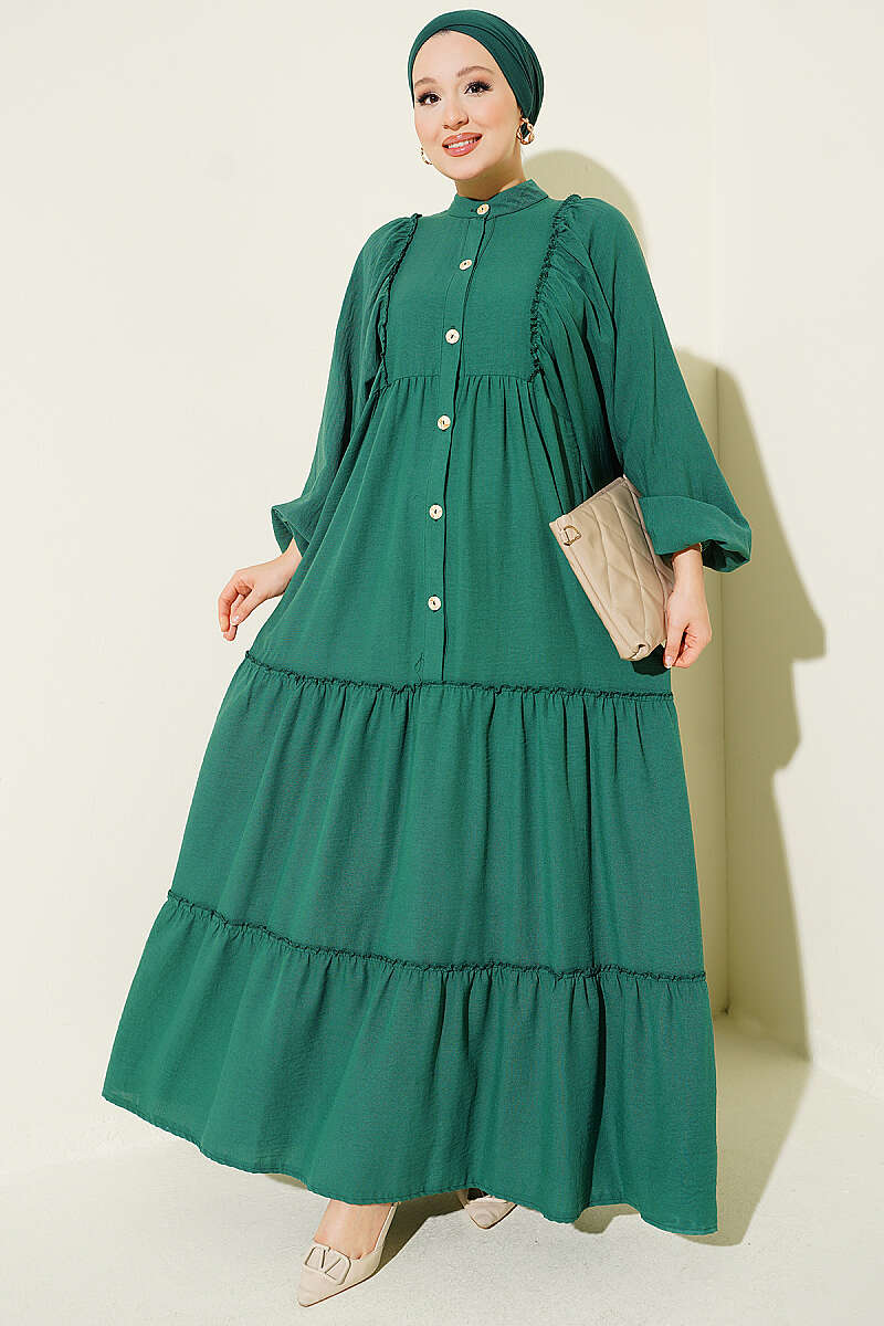 Button-Up Tiered Dress Green