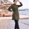 Zipper Detail Modest Swimsuit Khaki