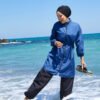 Zipper Detail Modest Swimsuit Indigo