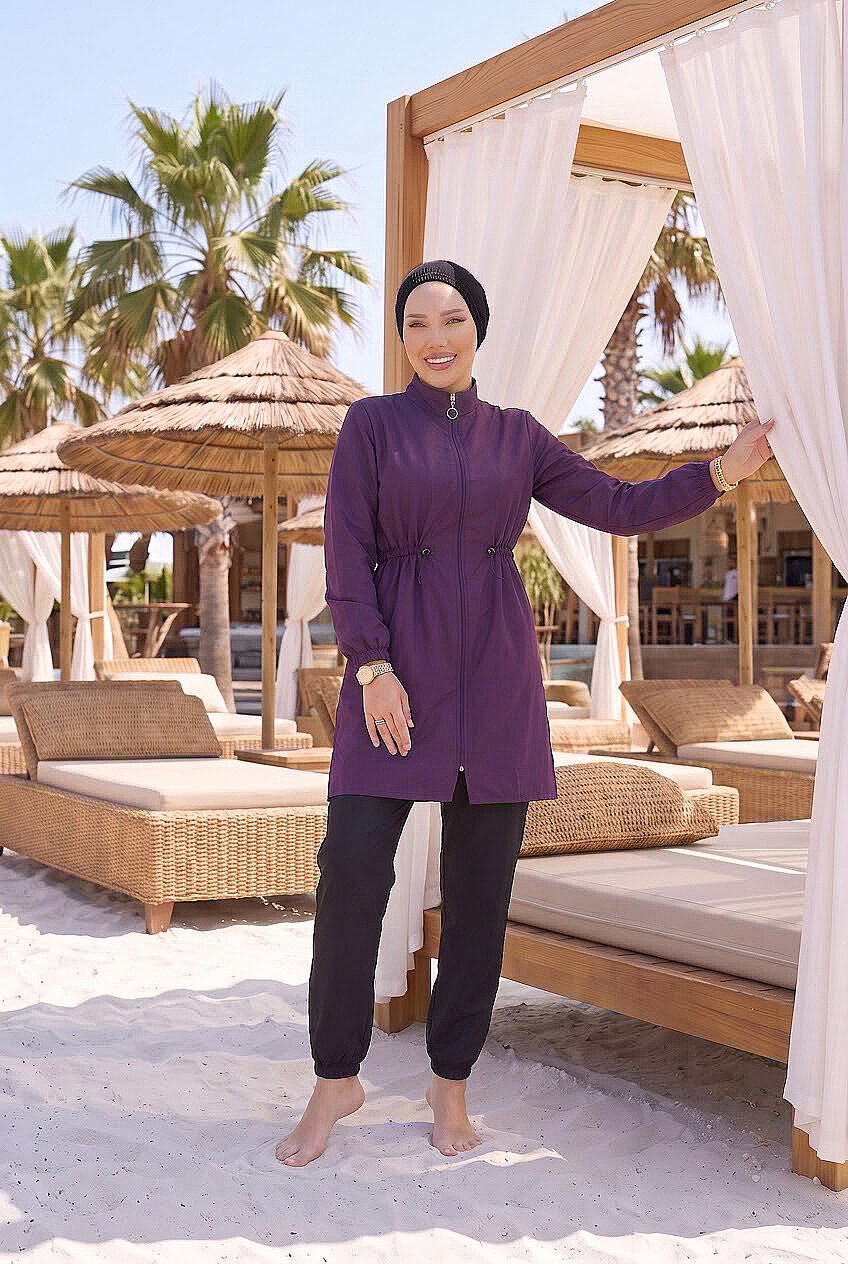 Zipper Detail Modest Swimsuit Purple – Bild 2