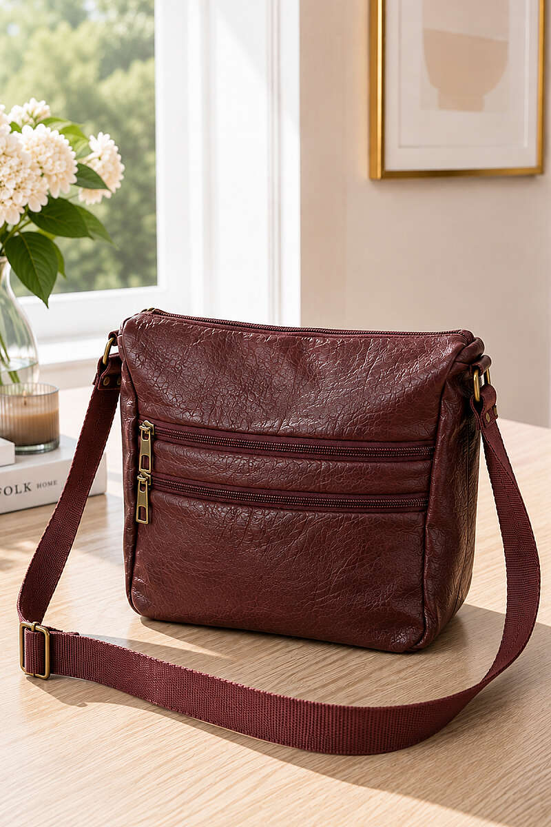 Zippered Five-Compartment Crossbody Bag Burgundy