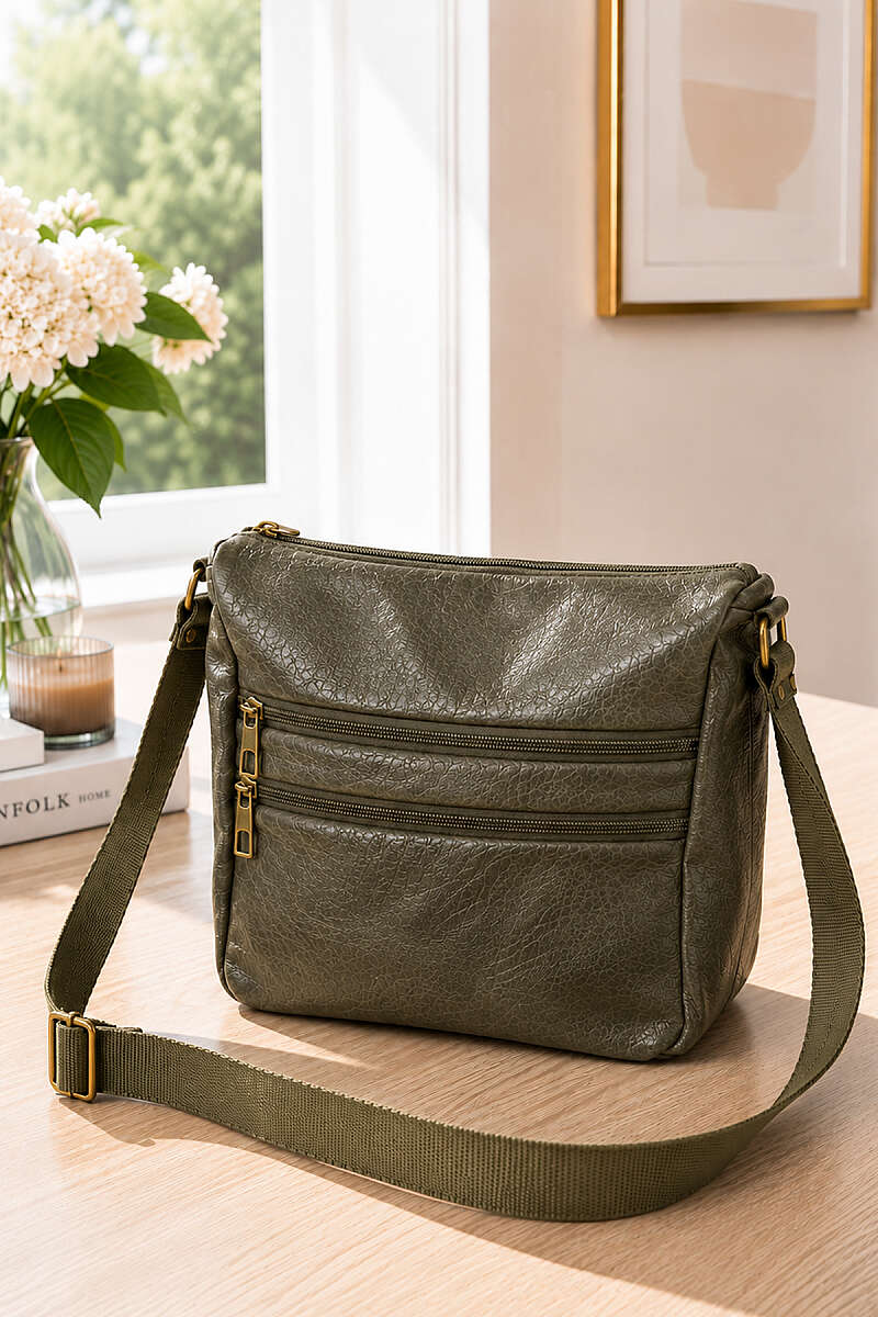 Zippered Five-Compartment Crossbody Bag Khaki