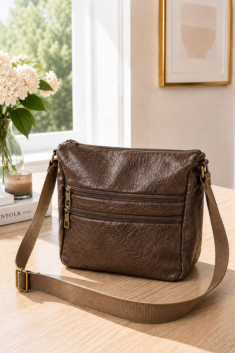 Zippered Five-Compartment Crossbody Bag Brown