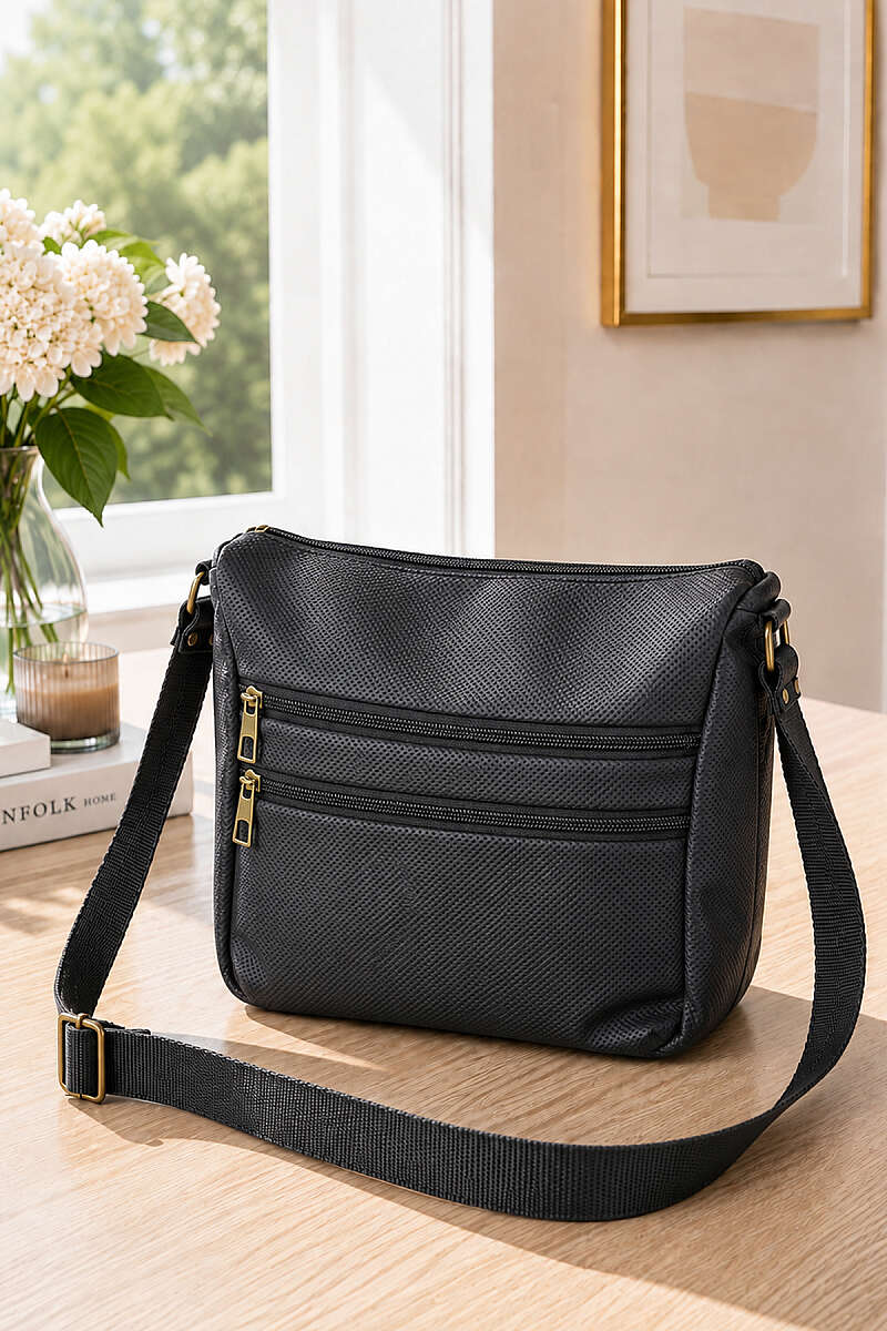 Zippered Five-Compartment Crossbody Bag Black