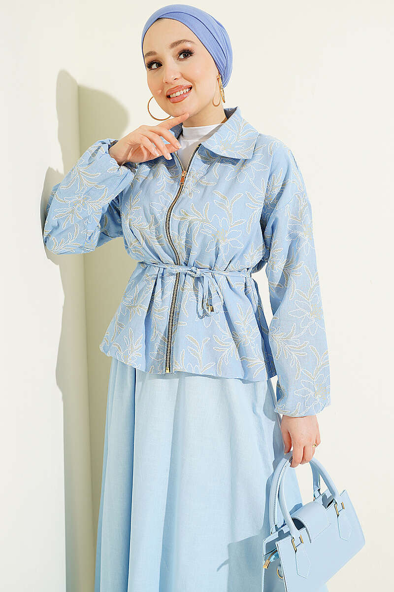Zippered Floral Skirt Set Baby Blue – Image 2