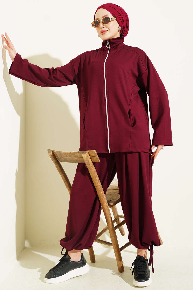 Zip-up Jogger Pants and Top Two-Piece Set Burgundy