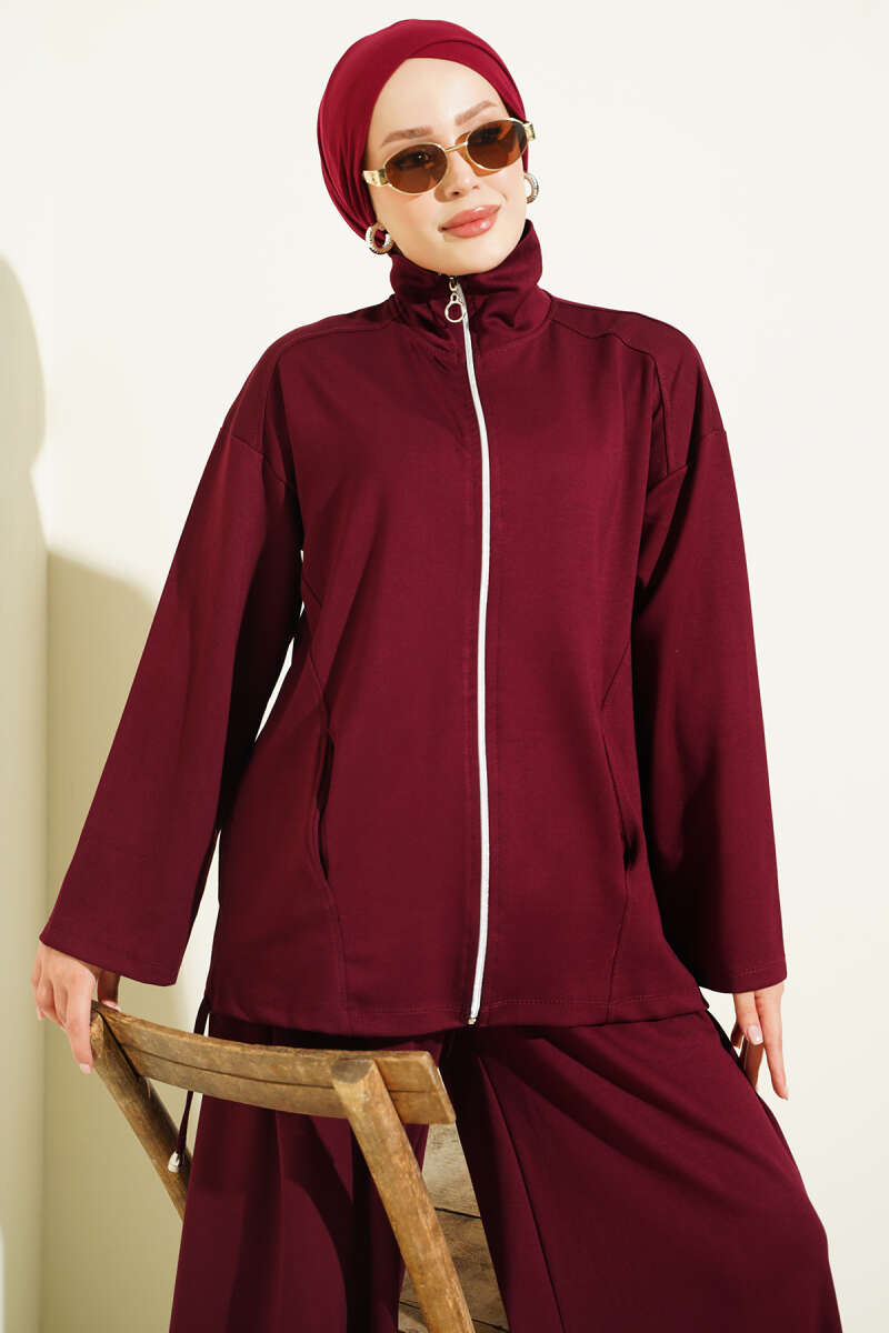 Zip-up Jogger Pants and Top Two-Piece Set Burgundy - Image 2