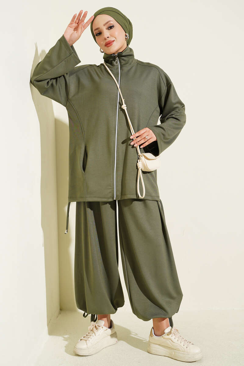 Zip-up Jogger Pants and Top Two-Piece Set Khaki