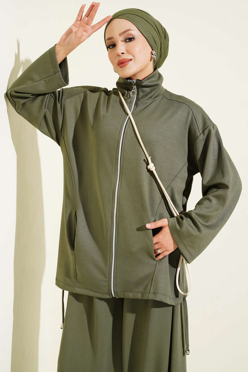 Zip-up Jogger Pants and Top Two-Piece Set Khaki - immagine 2
