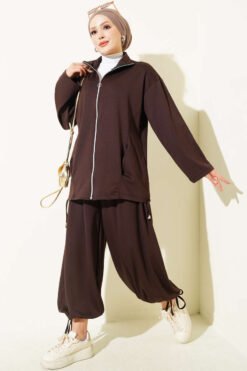 Zip-up Jogger Pants and Top Two-Piece Set Brown
