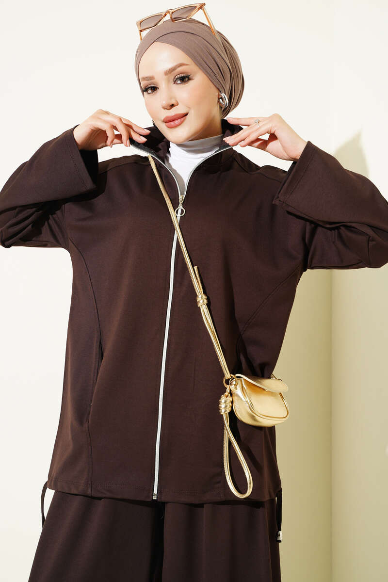 Zip-up Jogger Pants and Top Two-Piece Set Brown - Image 2